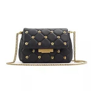 NWT Ted Baker London Ginn Black Leather Crossbody Gold Rose Studs Quilted